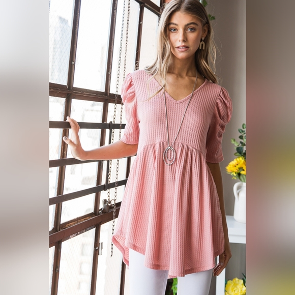 New Launch From Designer HEIMISH Full Size Waffle Knit V-Neck Babydoll Top - Picture 6 of 13